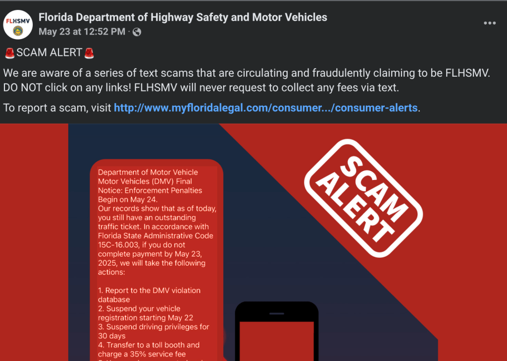 New Scam Alert Issued as Fraudsters Impersonate Florida DMV in Text Message&nbsp;Scheme